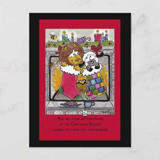 Leeuw en lam wachten op de kerstman feestdagenkaart (Voorkant)