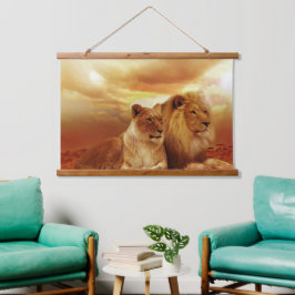 Leeuw en Leeuwin Houten Wandtapijt  Hangend Wandkleed