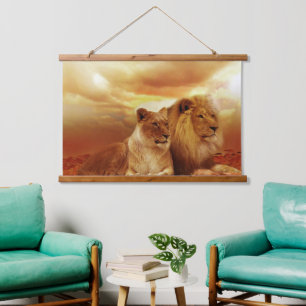 Leeuw en Leeuwin Houten Wandtapijt  Hangend Wandkleed