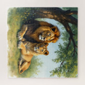 Leeuw en leeuwin naast elkaar onder de boom legpuzzel (Horizontaal)