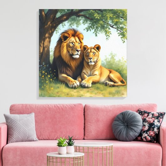 Leeuw en leeuwin onder een boom canvas afdruk (Insitu (Woonkamer))