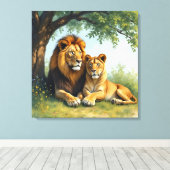 Leeuw en leeuwin onder een boom canvas afdruk (Insitu (Houten vloer))