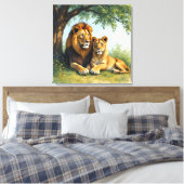 Leeuw en leeuwin onder een boom canvas afdruk (Insitu (Slaapkamer))