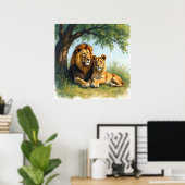 Leeuw en leeuwin onder een boom poster (Thuiskantoor)