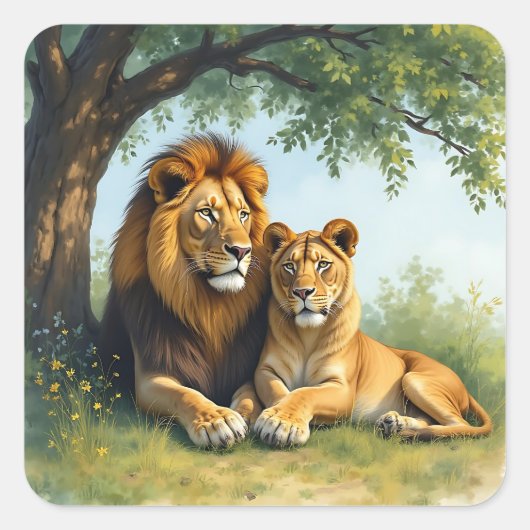 Leeuw en leeuwin onder een boom vierkante sticker (Voorkant)