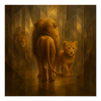 Leeuw en welp in een gouden spiegeldoolhof – GeoWi Perfect Poster