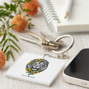 Leeuw en zonnebloem bloemillustratie sleutelhanger