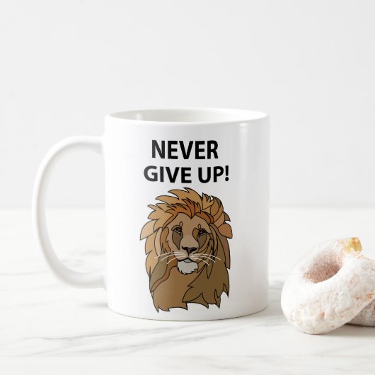 Leeuw Geeft Nooit Op Leeuw Koffiemok (Met donut)