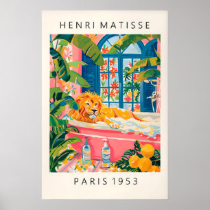 Leeuw in badkuip kunstprint Matisse stijl roze Poster