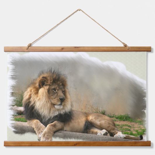 Leeuw in rust in het wild hangend wandkleed (Voorkant)
