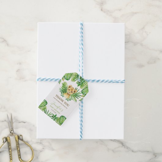 Leeuw Jungle Dieren Groenery Neutrale Baby Shower Cadeaulabel (Met Touw)
