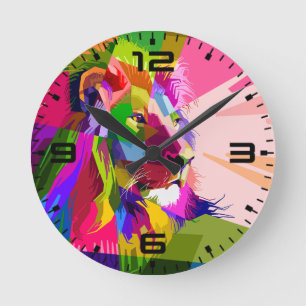 Leeuw Kleurrijk Prismatisch Pop Art Ontwerp Ronde Klok