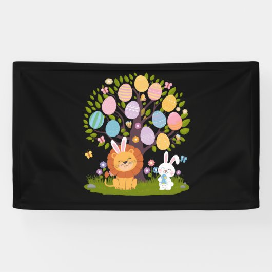 Leeuw Konijn Paasfeest Knuffelig Boom Jacht Eieren Spandoek (Horizontaal)