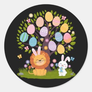 Leeuw Konijn Pasen Knuffelig Boom Jagen Eieren Ronde Sticker