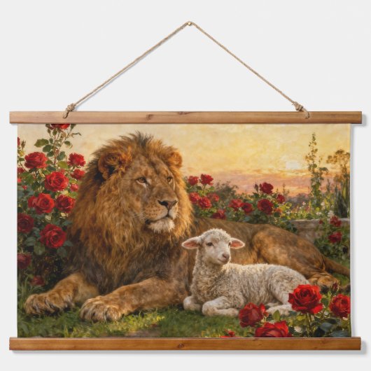 Leeuw & Lam in de Rozen Hangend Wandkleed (Voorkant)