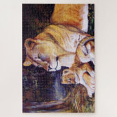 Leeuw/leeuwin en welp/kitten in de schaduw legpuzzel (Verticaal)