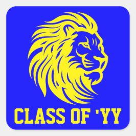 Leeuw Mascotte Blauw en Geel Afstuderen Vierkante Sticker