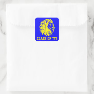 Leeuw Mascotte Blauw en Geel Afstuderen Vierkante Sticker