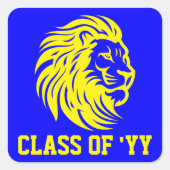 Leeuw Mascotte Blauw en Geel Afstuderen Vierkante Sticker (Voorkant)