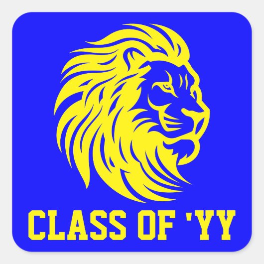Leeuw Mascotte Blauw en Geel Afstuderen Vierkante Sticker (Voorkant)