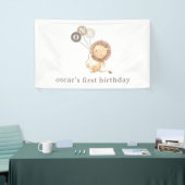 Leeuw met 3 bruine ballonnen 1e verjaardag spandoek (Beurs)