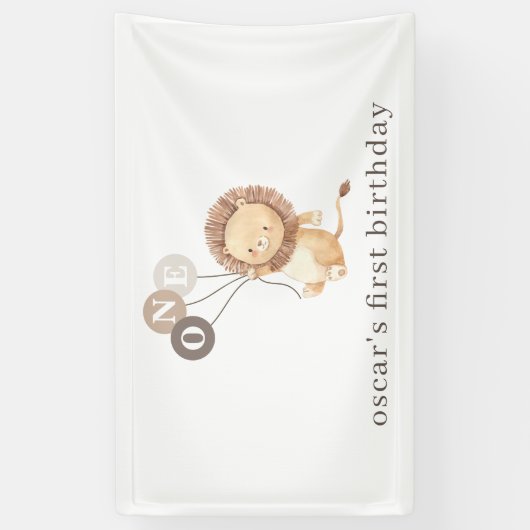 Leeuw met 3 bruine ballonnen 1e verjaardag spandoek (Verticaal)