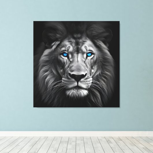 Leeuw met blauwe ogen canvas afdruk (Insitu (Houten vloer))