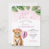 Leeuw met roze strik Safari Wild One Birthday Kaart (Voorkant)