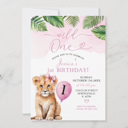 Leeuw met roze strik Safari Wild One Birthday Kaart (Voorkant)