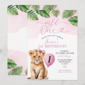 Leeuw met roze strik Safari Wild One Birthday Kaart (Voorkant / Achterkant)