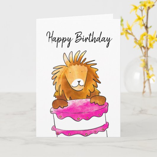 Leeuw met taart verjaardagskaart kaart (Gele Bloem)