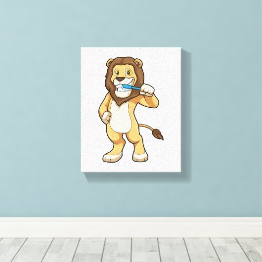 Leeuw met tandenborstel canvas afdruk (Insitu (Houten vloer))