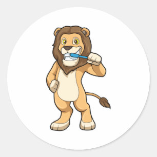 Leeuw met tandenborstel ronde sticker