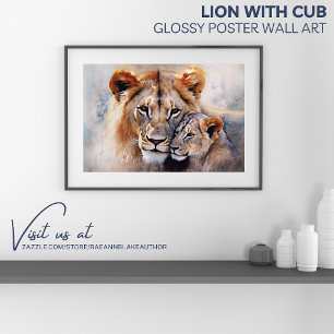 Leeuw met welp Glanzende Poster Muur Kunst