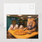 Leeuw neemt het leeuwendeel van de pizza feestdagenkaart (Voorkant / Achterkant)