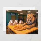 Leeuw neemt leeuwendeel van pizza feestdagenkaart (Voorkant / Achterkant)