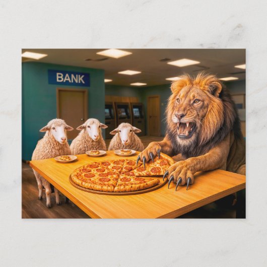 Leeuw neemt leeuwendeel van pizza feestdagenkaart (Voorkant)