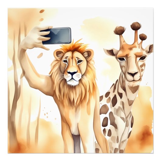 Leeuw nemen selfie met giraffe foto afdruk (Voorkant)