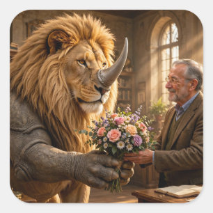 Leeuw Neushoorn Bloem Geschenk – Whimsieke Vintage Vierkante Sticker