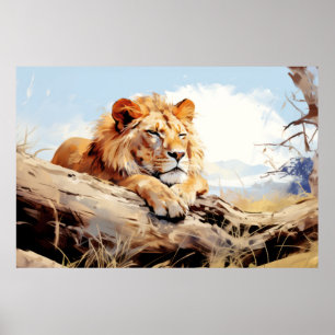 Leeuw ontspannen op boomstam dierenplezier gelukki poster