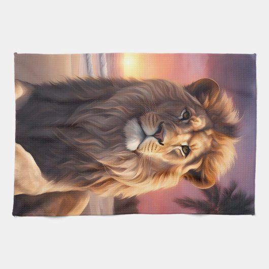 Leeuw op het strand theedoek (Horizontaal)