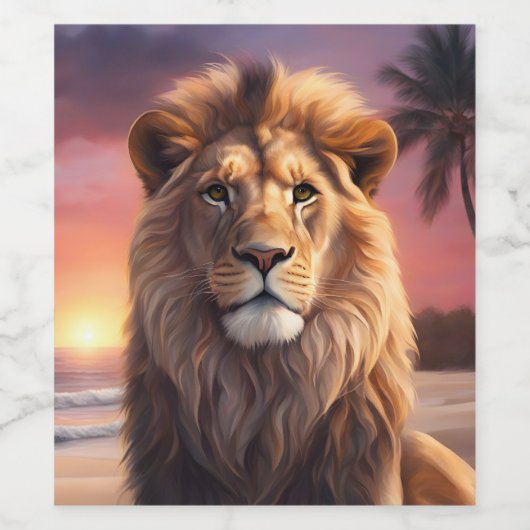 Leeuw op het strand wijn etiket (Enkel label)