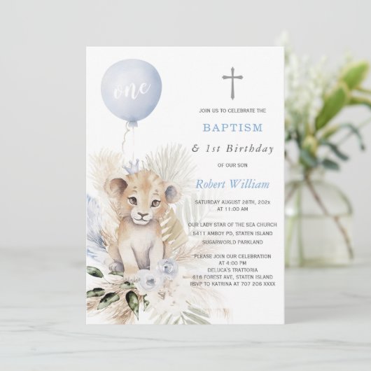 Leeuw Prins Eerste Verjaardag en Doop Kaart (Staand voorkant)