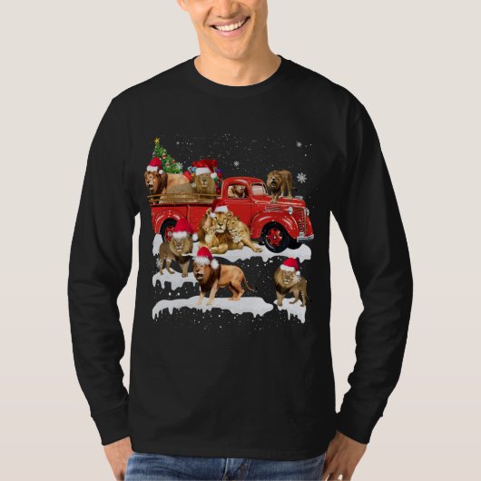 Leeuw Rijden Rode Vrachtwagen Vrolijk Kerstmis X-m T-shirt (Voorkant)