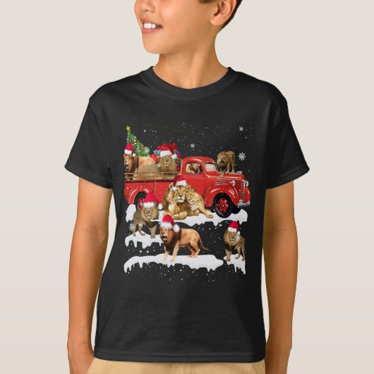 Leeuw Rijden Rode Vrachtwagen Vrolijk Kerstmis X-m T-shirt (Voorkant)