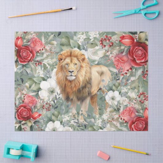 Leeuw, rode rozen & eucalyptus decoupage tissuepapier (Craft)