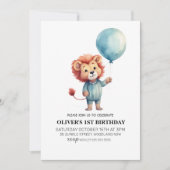 Leeuw Sage Blauw Ballon Jongens 1e Verjaardagsfees Kaart (Voorkant)