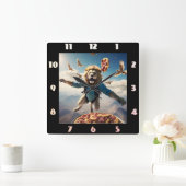 Leeuw skydiving met vogels en pizza vierkante klok (Huis)