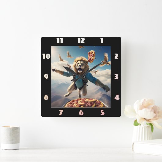 Leeuw skydiving met vogels en pizza vierkante klok (Huis)