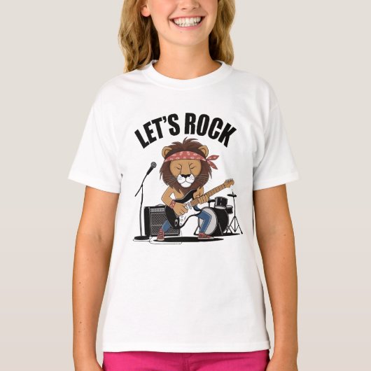 Leeuw speelt gitaar met drums en microfoon t-shirt (Voorkant)